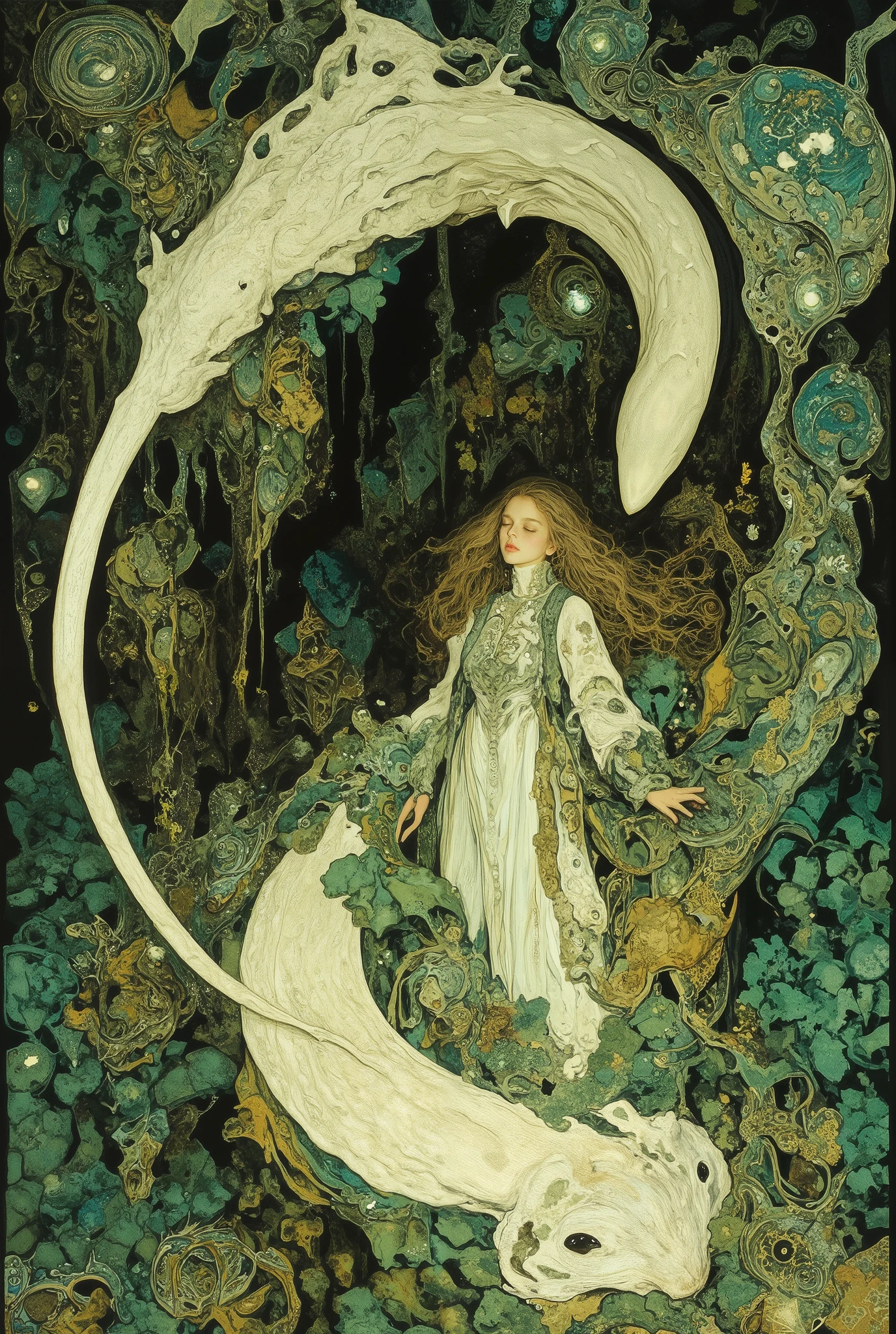 Mucha in art deco style, Plant and white snake design, 1girl