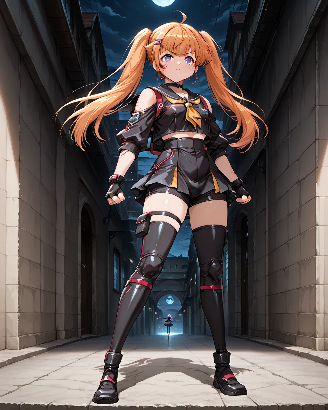 girl in a short skirt in knee-length stockings, red-yellow hair,Twin Tail, full height, in a beautiful area, 3D wallpaper.