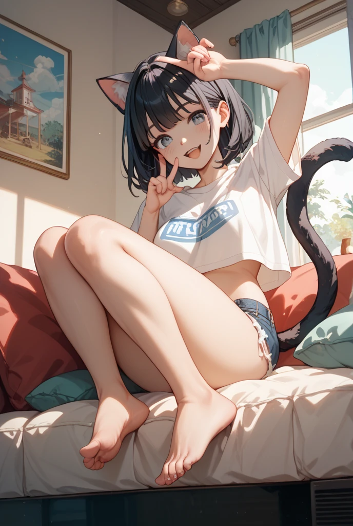 score_9, score_8_up, score_7_up, score_6_up, source_anime, 1girl,
white bloomers, white camisole, print,
black hair, long hair, blue eyes, looking at viewer, large breasts,
all fours, paw pose, black cat,
