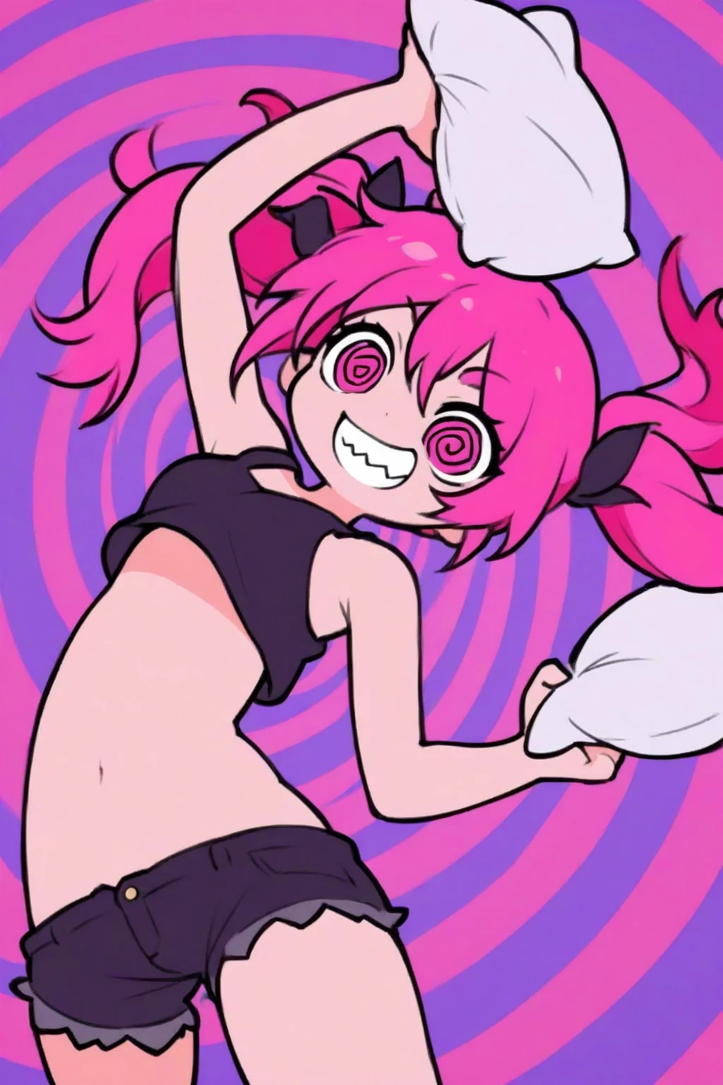 Naked cheerleader , yawning with eyes closed , bun hair style , with black tiny demon horns, wearing necklace, on bed, kneeling with butts up, having sex