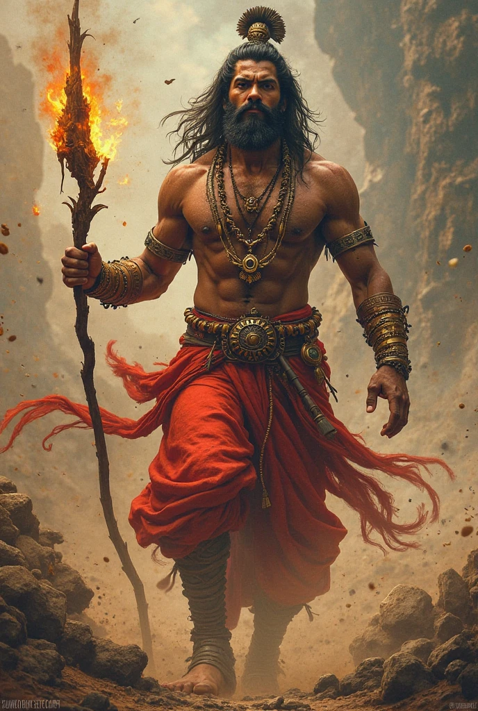 Hanuman ji is extinguishing the fire in city with water.