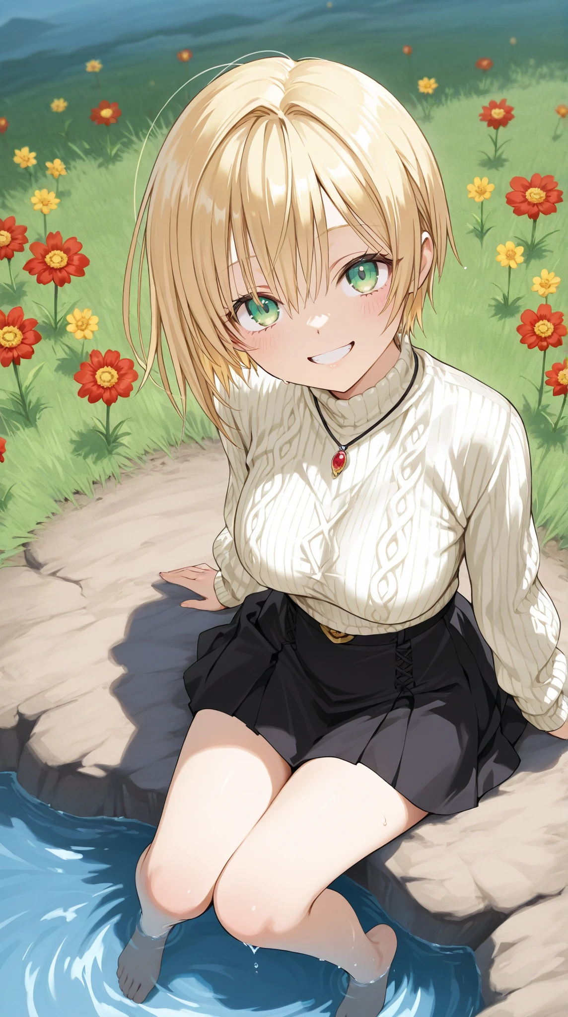 ((Fantasy　Beige Hair　Short Bob　White knit　green necklace　Large Breasts))　((garden　Bathed in light　splash　sun　Serene landscape))　(smile　Flowing hair　Open your eyes a little)　Denim pants　Small Bag　stylish　beauty