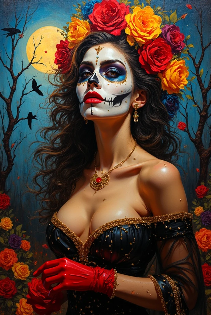 A (full body:1.3) shot at 8k resolution, splash art, fantastic comic book style, photorealistic, anatomical realistic digital painting portrait of a female latino (mexican muertos queen:1.3) in white (silk dress:1.1), (long curly red hair:1.1), (medieval town:1.3), light particle, analog, very detailed skin, very detailed eyes, (elden ring style:1.3), (warhammer style:1.1), concept artist, global illumination, depth of field, splash art, art by artgerm and greg rutkowski and viktoria gavrilenko