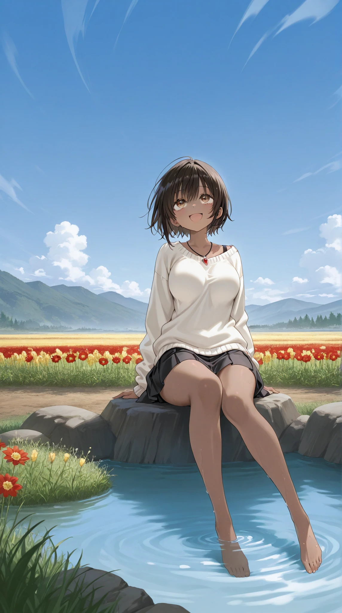 best quality, 1girl, (light blush:0.5), (blush:0.2), short hair, shoulder length hair, black hair, [brown hair], bangs, smile, (brown eyes), freckles, (small breasts:1.3), medium breasts, (plump:0.1), (innocent:1.2), (loving expression:0.9), (14 years old:1.6), sketch, (nude:1.2), [curly hair], sunlight, sun beams, sitting on grass, surrounded by flowers, meadow, (evening setting), (looking at viewer:0.7), full body in frame
