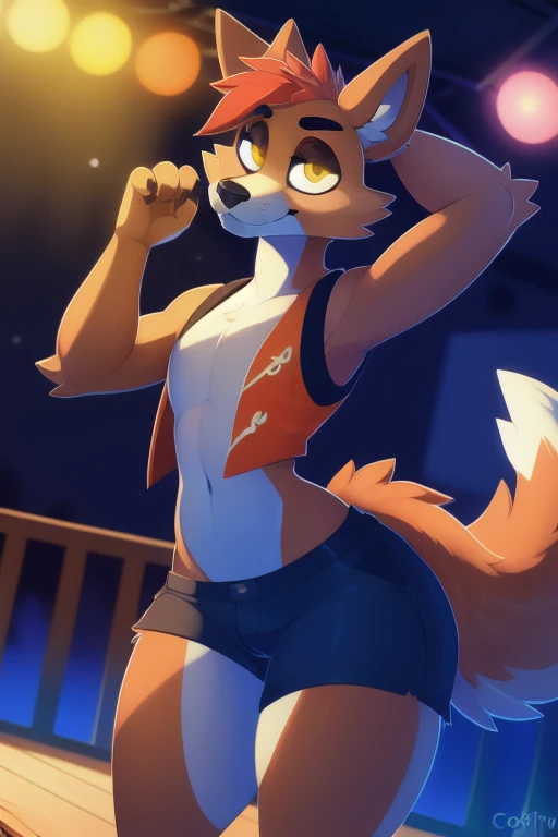 small male furry in thight shorts and black thigh highs and a tight shirt standing