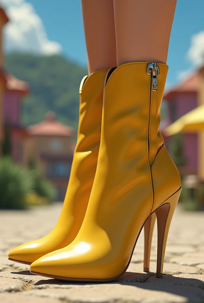 April O'neil wearing only a transparent yellow jacket solo, short messy brown hair, brown eyes, 8k, ((full-body)), cleavage, (best quality:1.2), detailed face, smooth soft skin, big dreamy eyes, beautiful intricate coloured hair, symmetrical, anime wide eyes, soft lighting, concept art, full body portrait, yellow heels, shoes visible, cowboy shot, face view, ass view, puffy nipple, no background