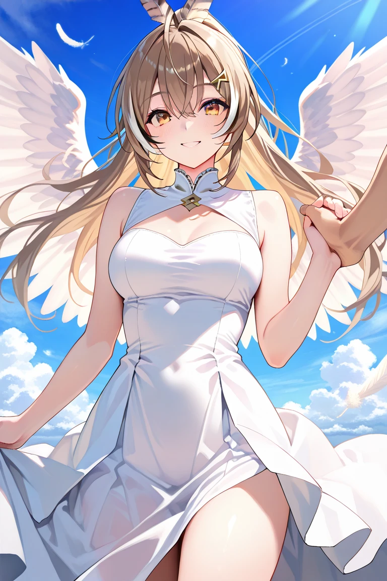 a young girl in a beautiful field, wide open legs, smiling brightly, detailed eyes, beautiful sky, angels, nude, highly detailed, masterpiece, photorealistic, 8k, ultra-detailed, vivid colors, physically-based rendering, professional