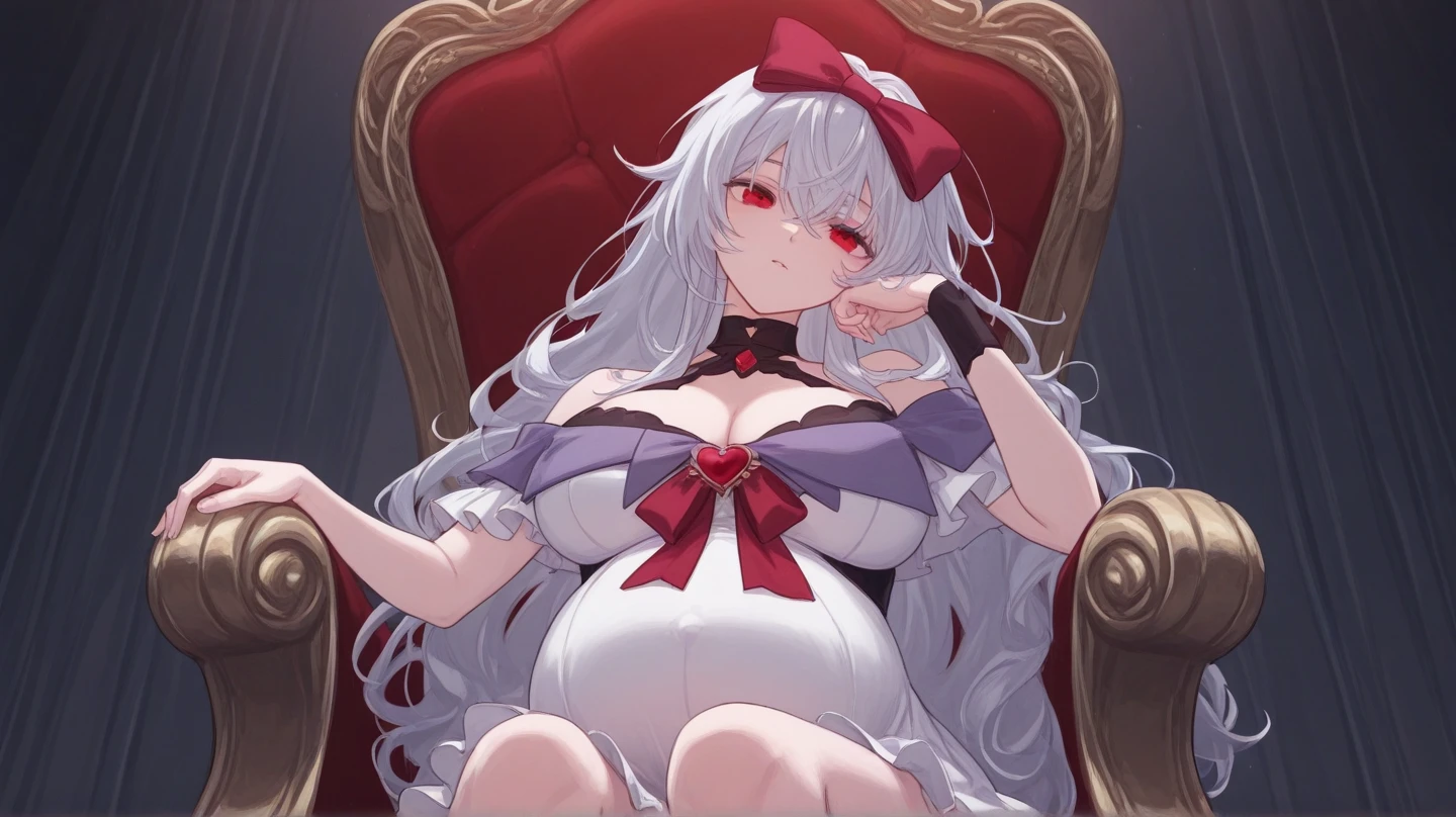 one pregnant anime girl with white hair and red eyes, chained and laying on a bed. Sad. breast feeding