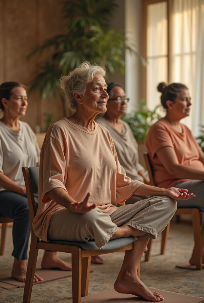 A vibrant and inspiring image of a group of diverse women over 50, radiating confidence and strength. Super realistic images. Women can be depicted in various activities such as hiking, dancing or practicing yoga, with bright backgrounds and vibrant colors. The image should convey a sense of positivity, independence and self-love, with subtle details such as wrinkles and silver hair adding to their beauty and wisdom. This image should inspire and motivate women of all ages to embrace their age and celebrate their well-being.