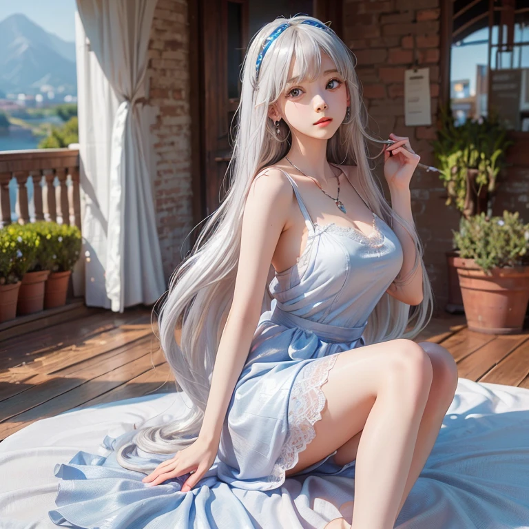 pinch your lips and beg for a kiss sit astride, straddling, wariza, yokozuwari, super high image, super detail, super high resolution, anime, manga, illustration, super cute beauty, make up, ecstatic expression, amorous expression, seductive look, white glossy wavy flowing layered messy short hair, blue big sparkling eyes, red alluring moist lips, lace baby doll dress, large breasts, under boob, side boob, great proportion, perfect proportion, slender, full body
