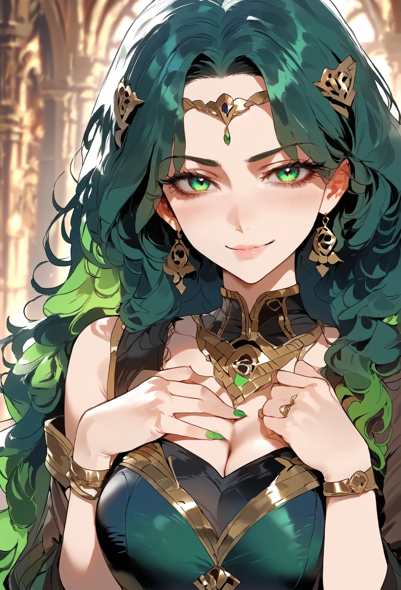 score_9, score_8_up, (masterpiece, top quality, best quality, official art, beautiful and aesthetic:1.2), (8k, best quality, masterpiece:1.2), (((masterpiece))), (((best quality))), (((extremely detailed))), illustration, (masterpiece, top quality, best quality, official art, beautiful and aesthetic:1.2), (8k, best quality, masterpiece:1.2), see-through, source_anime, 1girl, adult, ((green hair)), green hair, ((intimidant look)), ((close-up)), green eyes, black clothes, sexy, dark colors, brillant eyes, ((wavy hair)), perfect hands, ((intimidant look)), good anatomy, ((dark babylon clothes)), emotionless, intimidant, ((beautiful eyes)), close up, ((detailed eyes)), beautiful eyes, ((detailed face)), frontal look, arrogant smile, detailed face, diadema, full body
