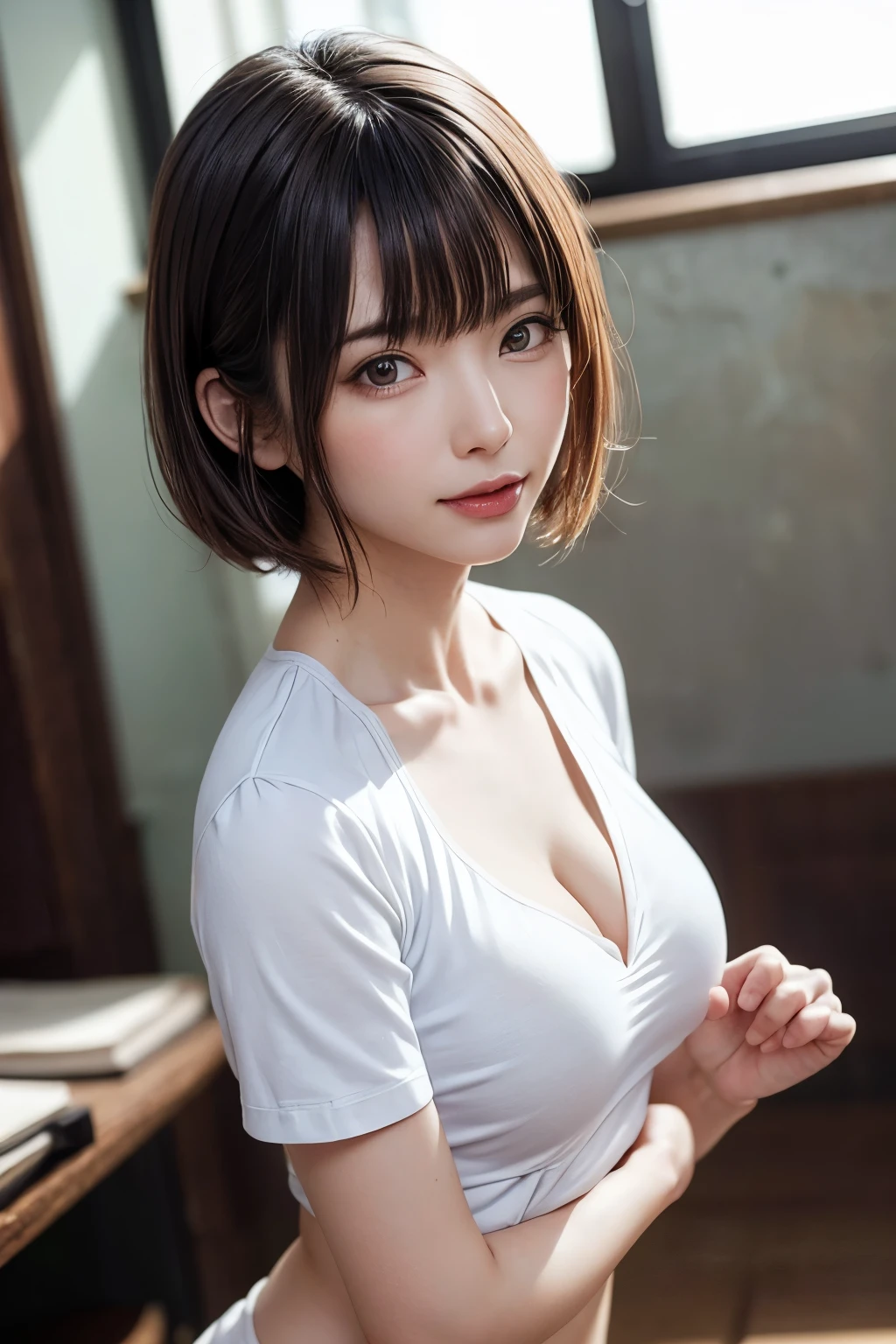 (masterpiece, Highest quality),One Girl, alone, hyper Realistic, Realistic,Realistic, Looking at the audience, Light brown eyes:1.4,Brunette Short Bob Hair with highly detailed shiny hair, Brightly colored winter clothes, Lepangas:1.4), Plein Air, Mouth closed, Upper Body、big chest eye、eyelash、{Hugeな|big chest|Hugeなな|Mega} chest:2, chestの谷間:2、{Huge|big|Hugeな|Mega} chest, chestの谷間、(((big chest eye、Short Bob Hair、Student Highlights、Gazing at the audience、She is very beautiful and cute、Listen carefully、Long neck、smile、Close your mouth and smile、Bangs and beautiful teeth、Perfect Anatomy)))、Ideal body type、（Snowy tree-lined road in winter in Norway）、美しいLong neck:1.4、