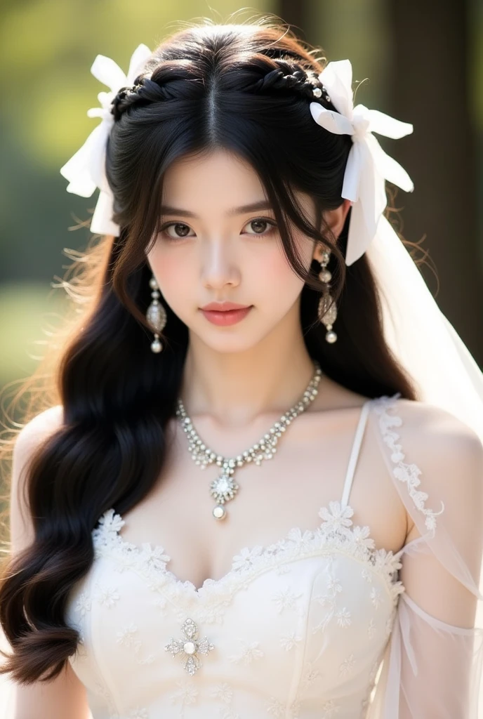 high quality、High resolution、masterpiece、sharp focus、realistic、photo-realistic、RAW photo、cinematic lighting、Photorealistic portrait of stunningly beautiful woman、slight smile、brown eyes、Natural textures、rich colors、ultra realistic texture、cowboy shot、Chignon's hairstyle、short black hair、glowing skin、light smile、Burst Chest、Off-the-shoulder white wedding dress、Snow White Veil、choker、silver tiara、necklace、earrings、highly detailed face、fine eyes、looking at the viewer、Luxurious rooms in the palace、focus on face、detailed hand drawn、Detailed chest depiction