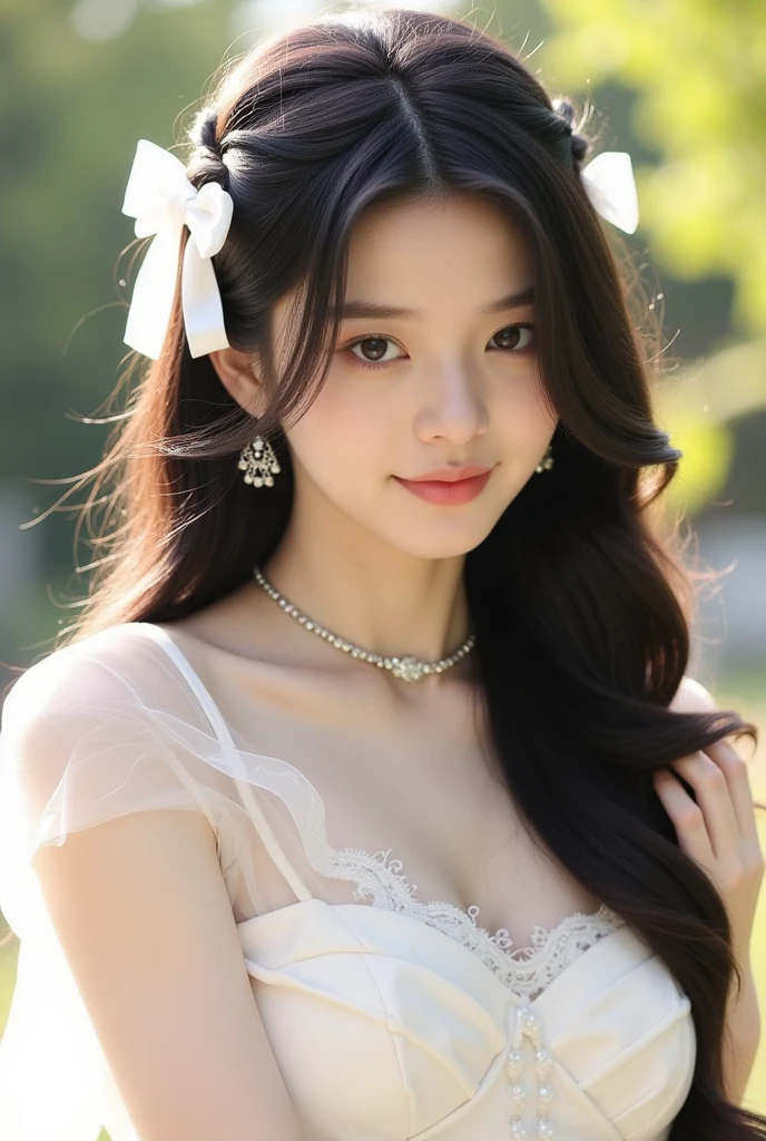 (((Medium hair))), best qualtiy, 8k, hdr, A high resolution, absurderes:1.2, blur backgroun, Background bokeh:1.2, photography of, (RAW photo:1.2), (Reality:1.4), (Masterpiece:1.3), (complexdetails:1.2), 1girll, solo, japanaese girl, delicated, Beautiful detailed, (Delicate double eyelids), (Detailed facial features), Bigboobs, (((Large breasts))), Skin Firm, (Looking_at_peeping at the viewer), From_Front, (being thin),(best qualtiy:1.4),(超A high resolution:1.2),cinematic lighitnglamplight,(Extremely detailed illustration),(Gloss on lips,best qualtiy,超A high resolution,depth of fields,Caustics,Extensive illumination,naturalshadow,85mm, f/1.4, iso 200, 1/160s:0.75),1girll, solo, (((Silk vest))) Smile, ((silk garment,pleatedskirt,Classroom))