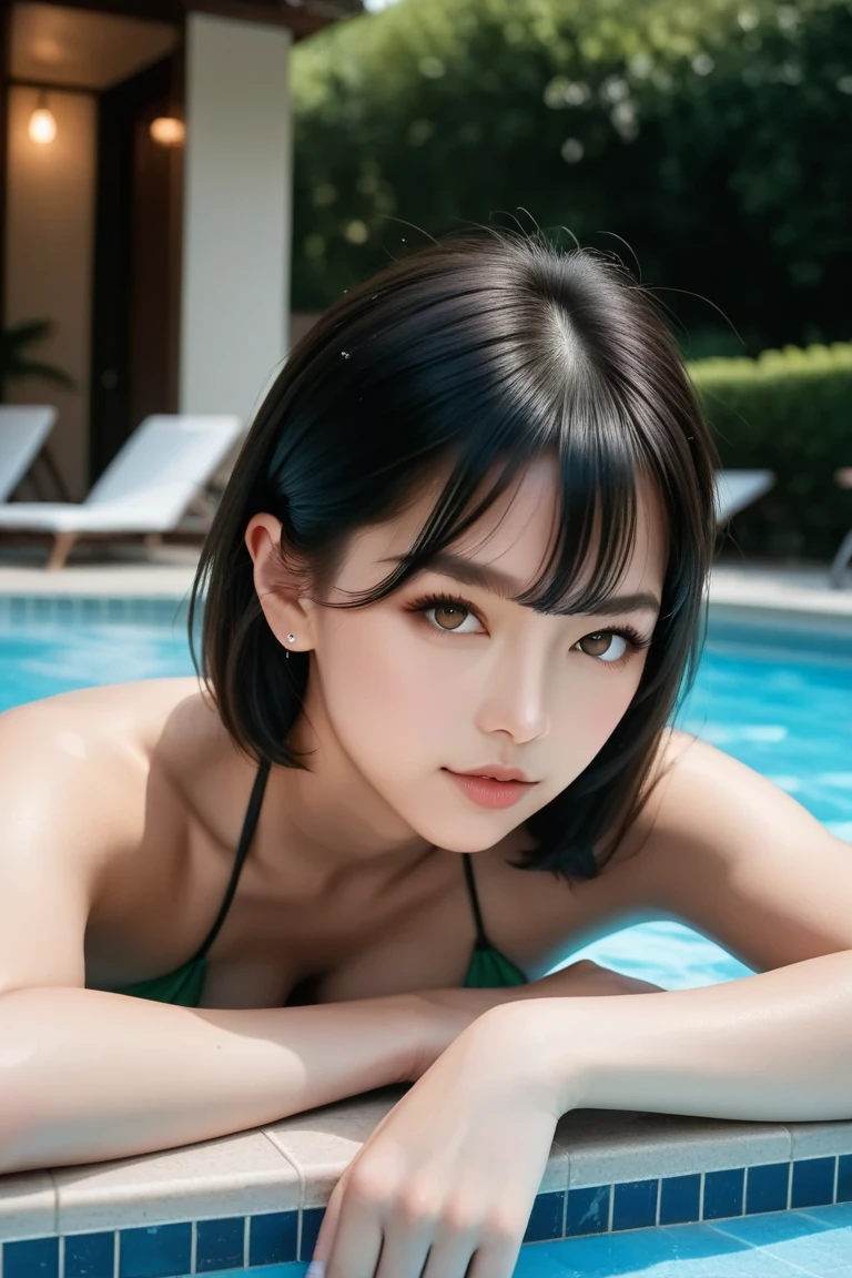 One Girl,(1人のとてもcute:1.3),masterpiece,Highest quality,High resolution,From below,Low - Angle,Photorealistic,RAW Photos,Ray Tracing,Physically Based Rendering,beautiful girl,(:1.3),cute,Big eyes,(detailed pupils:1.2),(The face is facing straight ahead:1.3),Body facing forward,Beautiful nose,High nose,Upturned nose,Fuller lips,Short black hair,ponytail,short hair,Detailed eyelashes,Thin eyebrows,Very fine grain definition,(Symmetrical eyes,Golden Ratio:1.3),(Face close-up,Face Focus:1.0),Small breasts,Short neck,White swimsuit,White Bikini,Ocean,Southern Island,Blue sky,White cloud,Portrait,View Viewer,Upper Body,Cinema Lighting,High resolution,Very detailed