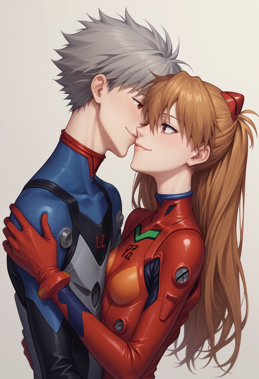 A young man with blond hair, blue eyes, muscles, a spider costume, and a girl, brown hair, blue eyes, dimples, red cheeks, a spider costume, a marital relationship, a hug from behind.