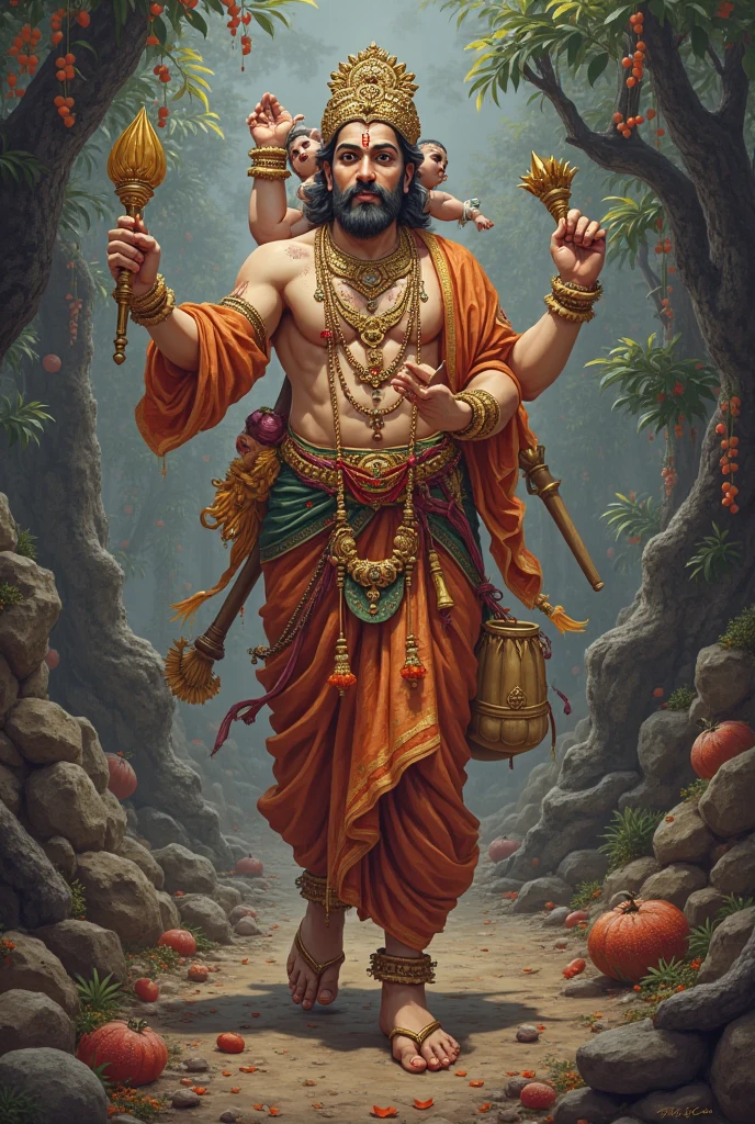 The image is a painting of a Hindu deity, Lord Shiva, carrying a baby in a basket on his head. The baby is wearing a green and red outfit and is lying on its back with its eyes closed. A sheshnag casts a shadow over the basket and the rain falls on the baby The basket is made of bamboo and is filled with water. The deity is standing in the water, with his arms stretched out to the sides and his head tilted upwards. He has a long beard and a serious expression on his face. The background is a dark blue sky with a few clouds. The image is framed by a golden border