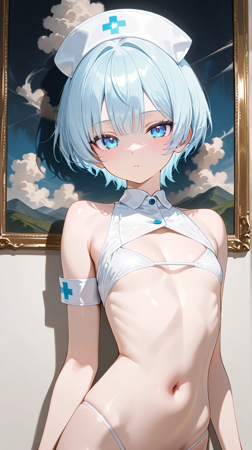 Browsing Caution　　最high quality　４ｋ　Best image quality　　　Chinon GMO, short hair　Light blue hair　Cool face, Portraiture,, (Charmな, Charm, Charm:1.3), beautiful, (Very detailed, high quality:1.3)　((topless))　Cute pink panties　beautifulお尻　Wet　beautiful寝室　　((Cum on body / Excessive semen  projectile)) M-shaped feet