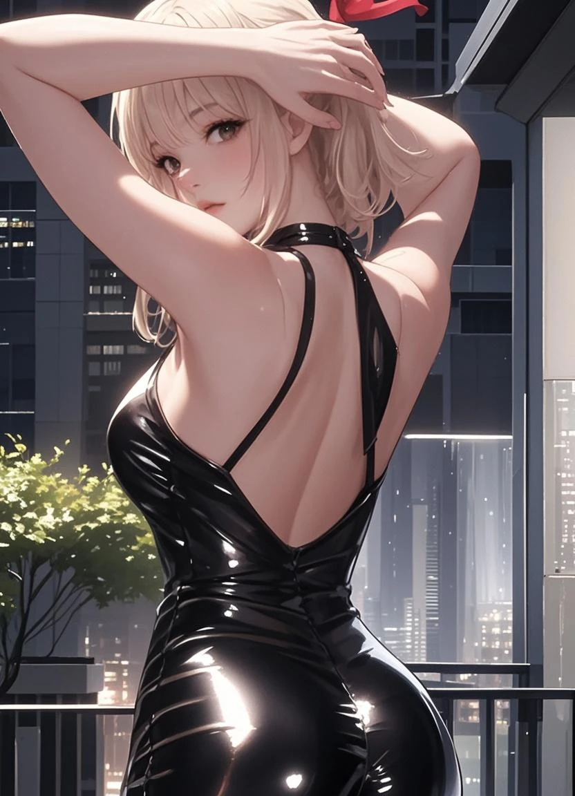 masterpiece, best quality, shadows, perfect hands, perfect legs, perfect anatomy, pretty face, mature features, 1 girl, 21 years old, MILF, mature woman, sexy black dress, city night background, white long hair, thighs, ass, breast, seductive, spicy, posing, cinematography lights,