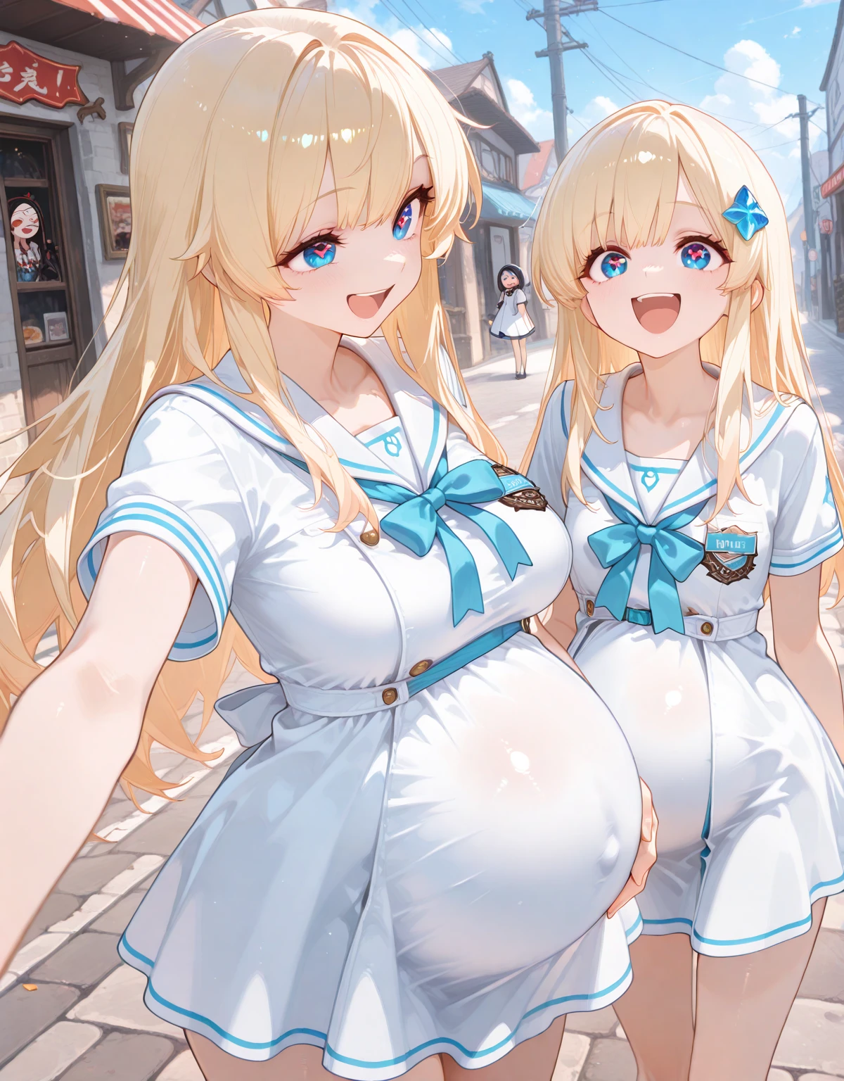 (pregnant toddler girl:1.5),chibi,2girls,long blonde hair tied with a string,standing,laughing
