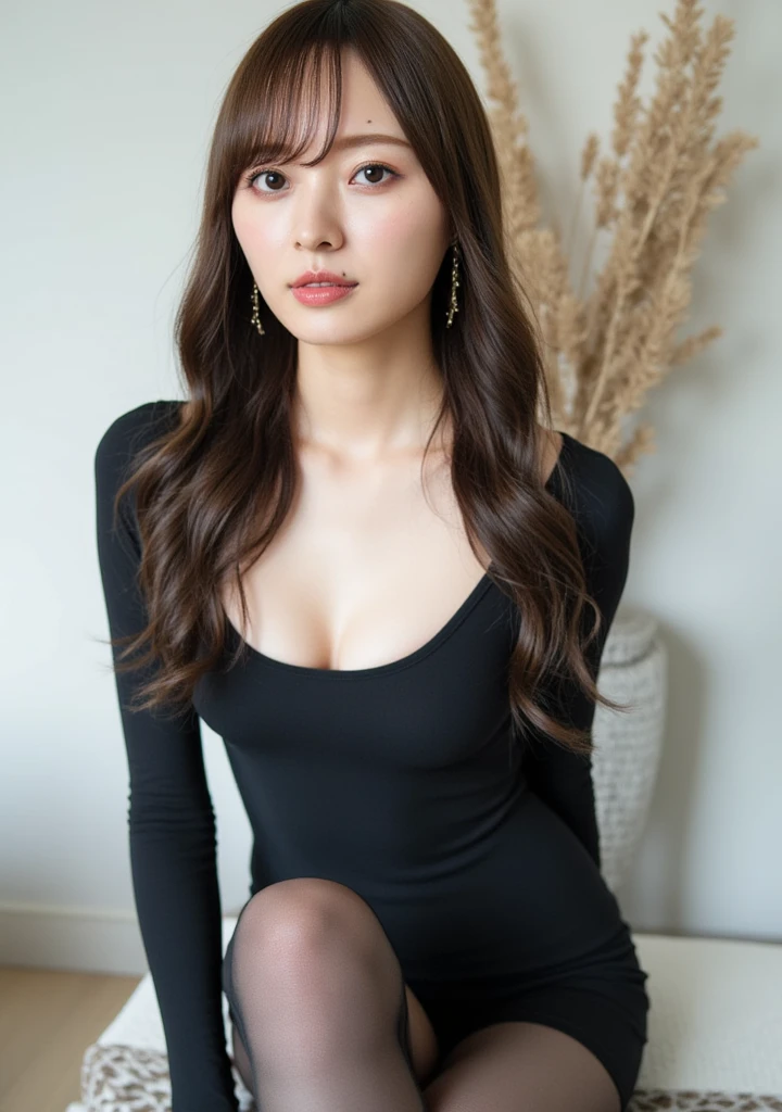 Grey Houndstooth Dress、(Highest quality)、((Very detailed))、4K、(8K)、masterpiece、Very detailedな、Highest quality、Super Resolution、1 person、Kind Face、Soft Light、RAW quality、Soft Skin、163cm、White Room:1.5、Thighs、knees