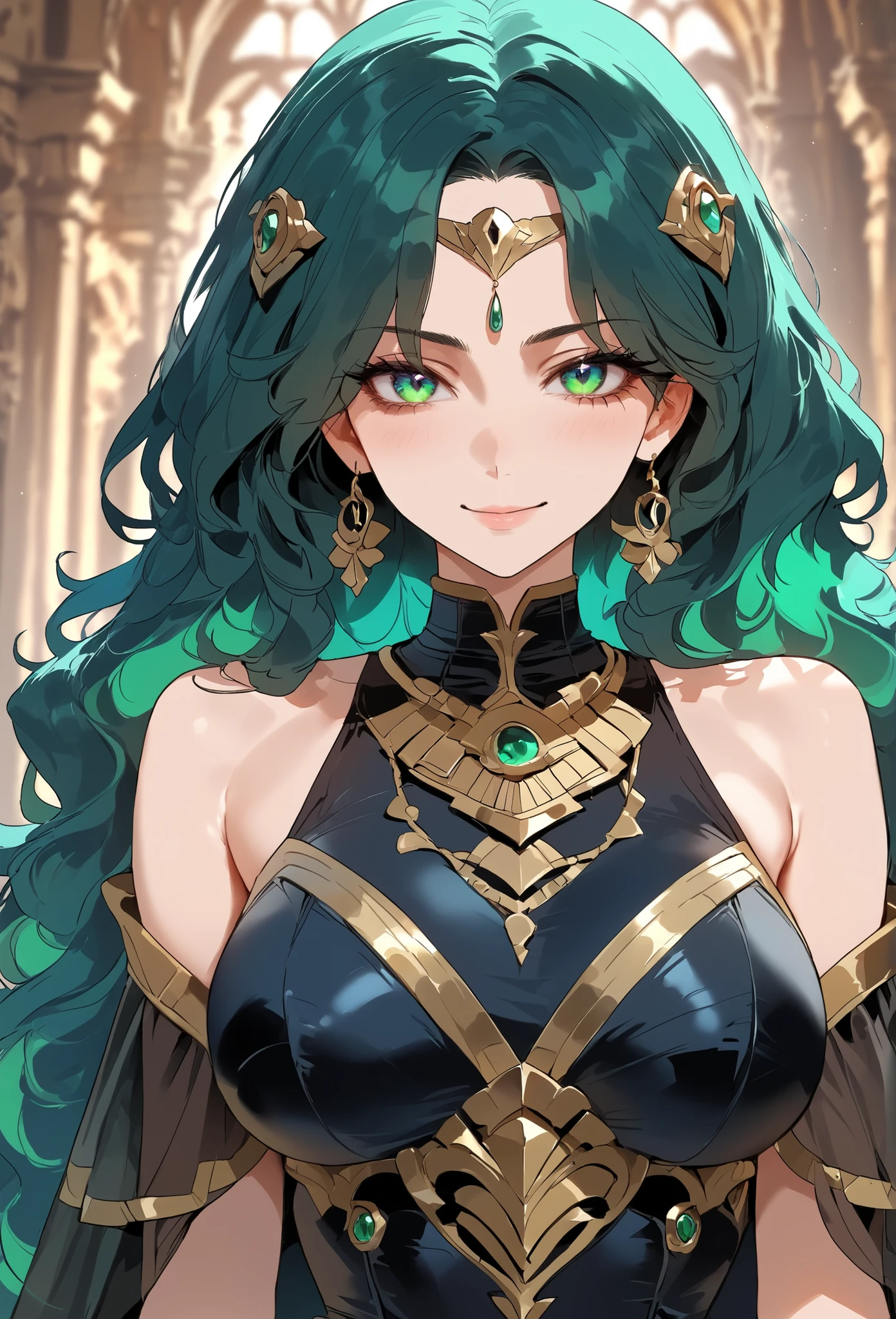 score_9, score_8_up, (masterpiece, top quality, best quality, official art, beautiful and aesthetic:1.2), (8k, best quality, masterpiece:1.2), (((masterpiece))), (((best quality))), (((extremely detailed))), illustration, (masterpiece, top quality, best quality, official art, beautiful and aesthetic:1.2), (8k, best quality, masterpiece:1.2), see-through, source_anime, 1girl, adult, ((green hair)), green hair, ((intimidant look)), ((close-up)), green eyes, black clothes, sexy, dark colors, brillant eyes, ((wavy hair)), perfect hands, ((intimidant look)), good anatomy, ((dark babylon clothes)), emotionless, intimidant, ((beautiful eyes)), close up, ((detailed eyes)), beautiful eyes, ((detailed face)), frontal look, arrogant smile, detailed face, diadema, full body