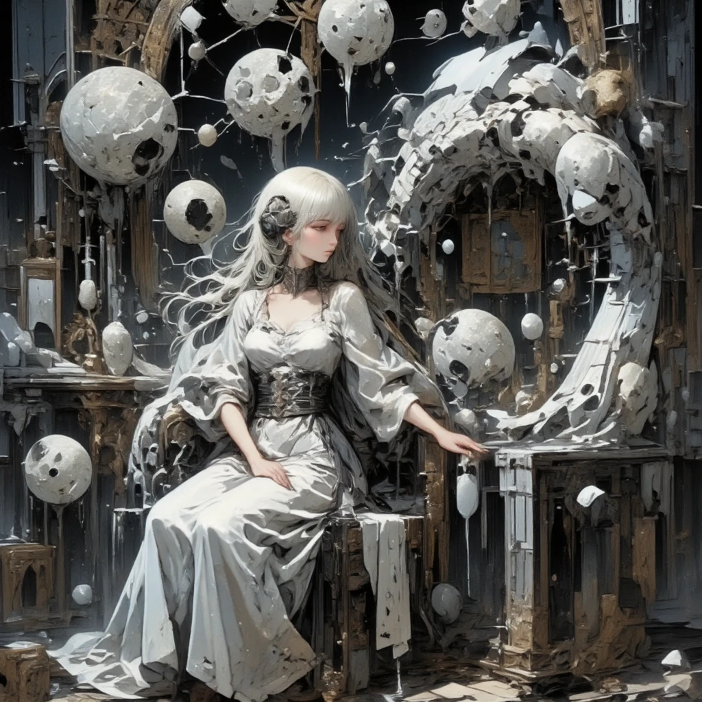 This is aesthetic art. A beautiful woman in a white dress, like a doll, is sitting on a chair, and a vase on the table is creating a flower art with a motif of black rose and white and black marbled roses,and squid ink sauce bottle,dripping squid ink. A woman\(with long white hair as beautiful as silk, wearing a white dress, and a goddess-like atmosphere, her expression is very happy, but at the same time, her expression is calm as she goes about her daily life\), a flower art of a collection of white roses with squid ink liquid on them, each petal is absurdly beautiful, the flower art is placed in the center of the composition, and the woman reaches out to the flower art from the side. squid ink liquid is attached quantities to the rose flowers, petals, woman's hands, and the woman's dress, and the liquid flows to the ground, this is an abstract painting of the food chain, a food web. Dark liquid is in a puddle on the table. A very quiet and peaceful living room background. This is Brutal Art, the living are happily enveloped in black, squid ink liquid. The rose squeezes the lifeblood out of the once-living objects. A very happy and sacred ritual. This is aesthetic art. Women's daily life, aesthetic art, flow of energy and matter in an ecosystem, aesthetic art, very realistic Brutal Art, aesthetic art, sustaining the life of the entire planet, aesthetic art, symbol of a psychopath, aesthetic art, aesthetic art, aesthetic art, concept of life and death