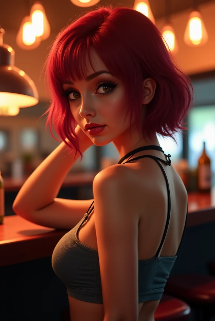 (best qualityer, ultra detali, photorrealistic: 1.39), bright and vibrant colors, studio lighting, romantic expression, short jeans, Strapless dress, platinum undercut, Red hair, breasts small, adjusting, shorth hair, mercenary, sorriso sexy