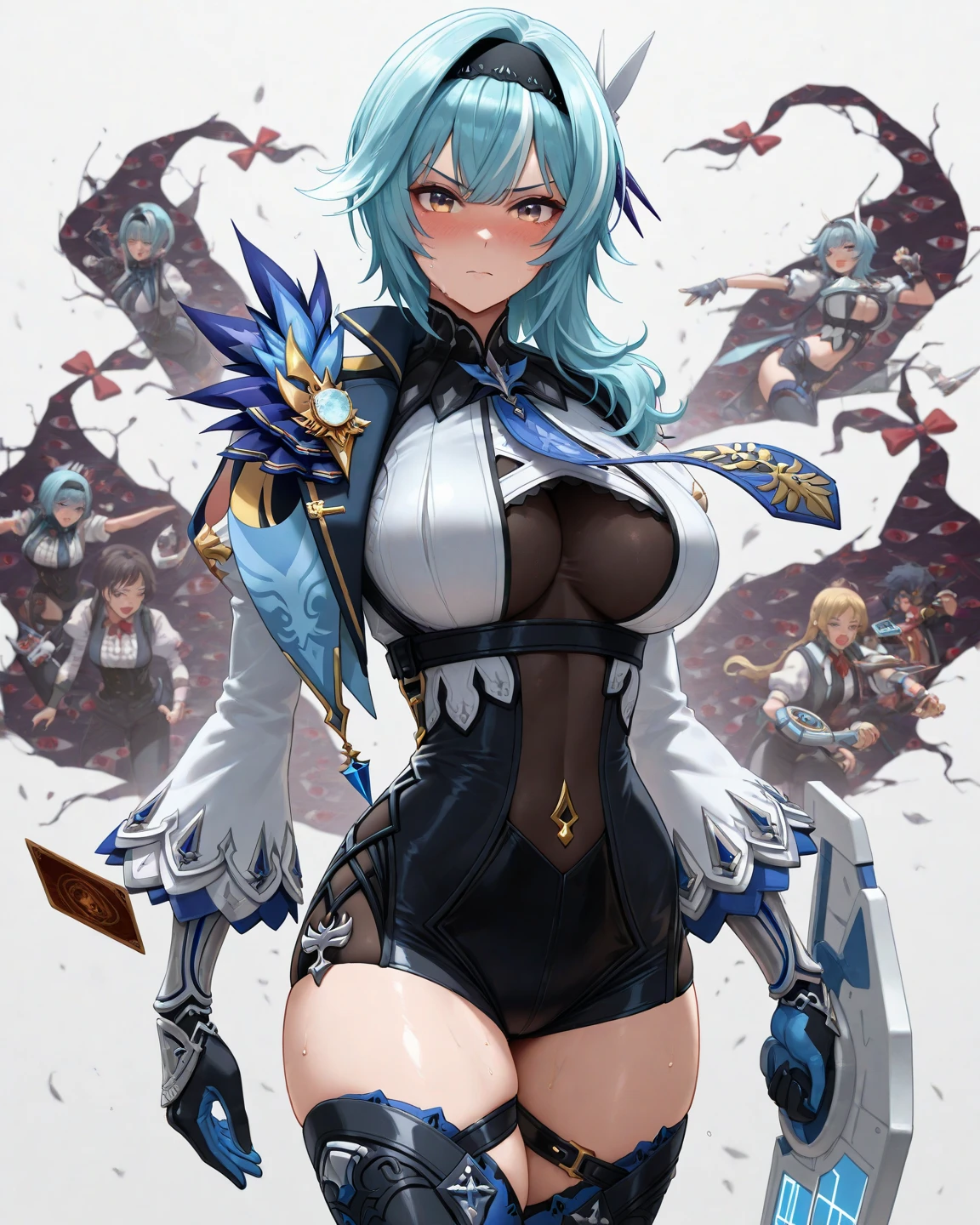 Anime style. Girl. A world of swords and sorcery. White underwear. Miniskirt. Big tits. He opens his mouth wide and sticks out his tongue to look up.
