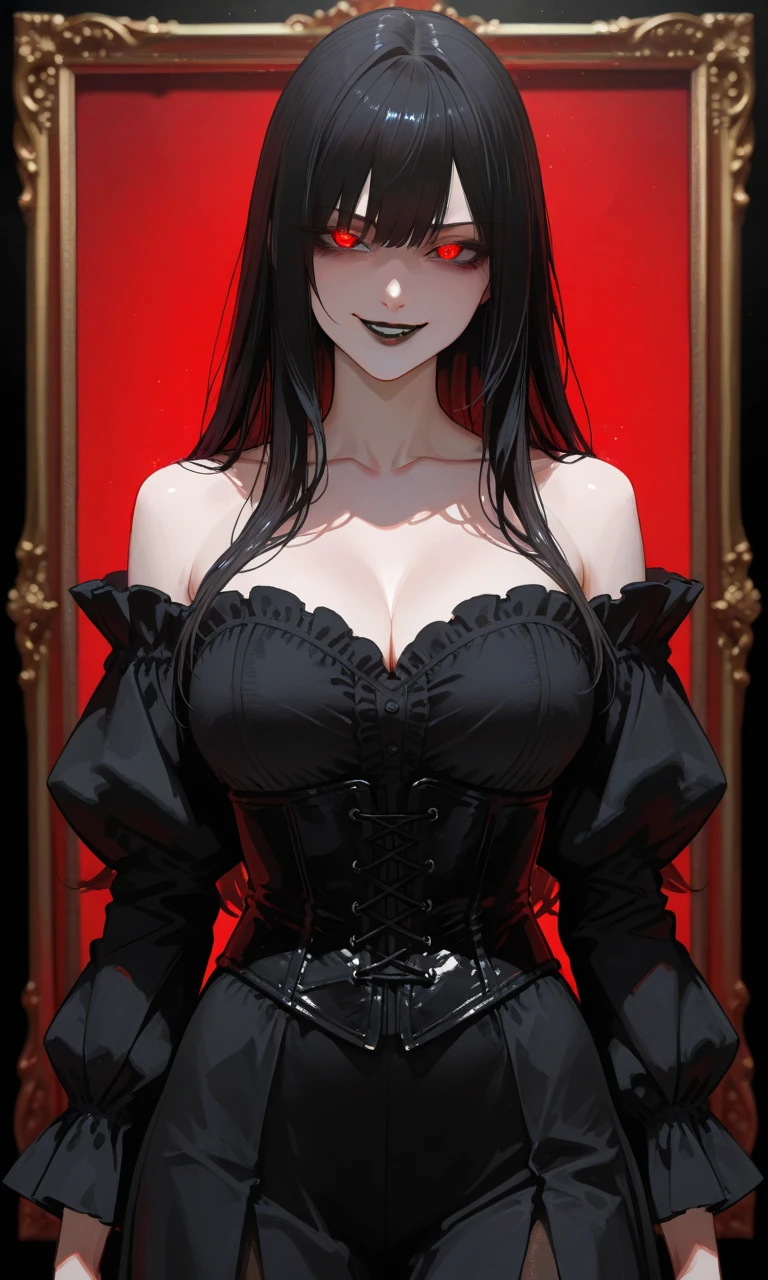 Horror woman, red light eyes, smile, long hair black, dark, she is solo, red lipstick,