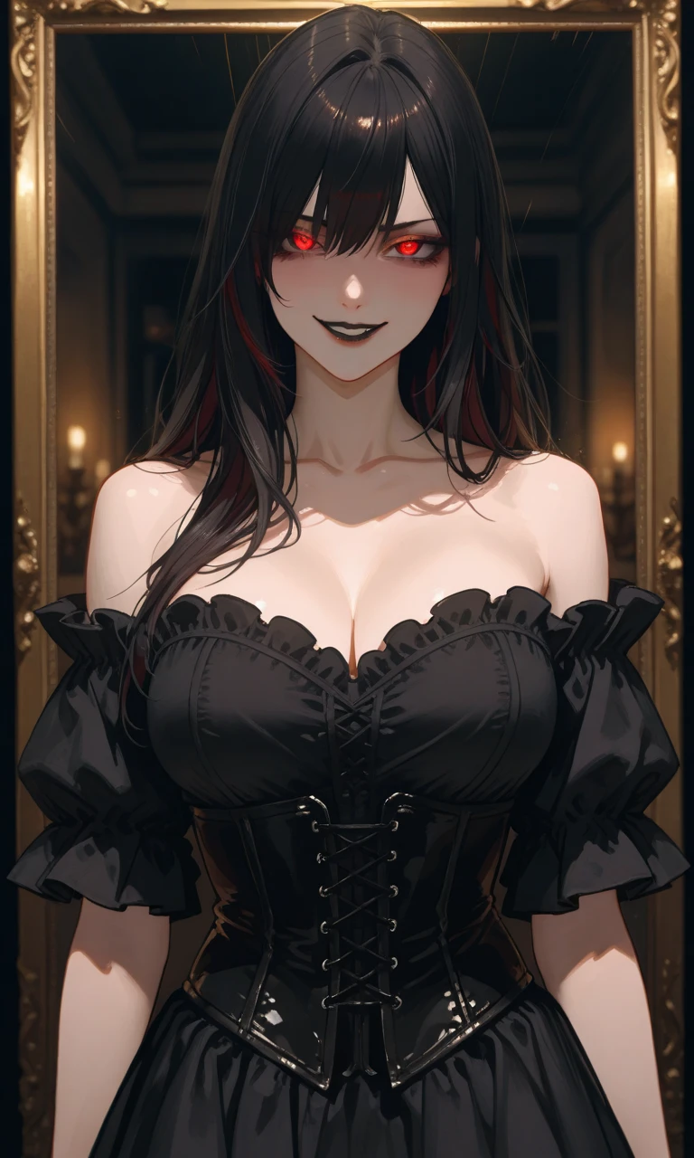 Black hair, red eyes, large breasts, dungeon setting, arms chained behind back, black lace lingerie, evil smile