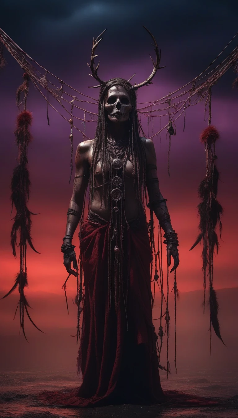 A esqueletal figure, standing tall, wilding a staf adorned with dark dreamcatchers, twisted with barbwire, abyssal, biological and mechanical, demonic, hell, painfull, fear, terror, horror, dark, highly detailed 8K, photorealistic, dramatic lighting, dark fantasy, gloomy atmosphere, twisted body with flesh and mechanical parts, ominous shadows, blood red sky, haunting, HDR, physically-based rendering, cinematic, moody colors, reds, blacks, purples, browns.
