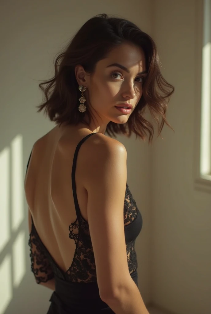 sexy pose of 25 year old European girl, RAW, beautiful woman, semi-open strawberry lip, dimples, indoor suits room , wistful expression, (brown hair with extra long wavy), ((detailed face)), ((detailed facial features)), (fine detailed skin), pale skin, cyberpunk megacity environment, (cool color), moist, booty, reflection, (masterpiece, shot with Canon EOS R5 (Realistic Photos) (Detail skin texture) 50mm Lens, f/2.8, HDR, (8k) (Wallpaper) (Cinematic Lighting) (Dramatic Lighting) (Sharp Focus) (Complex), RAW Photography, RAW Photography, Gigachado Photography, Camera Pose, Back Arm, 8K UHD, DSLR, High Quality, full waist up pose , upper knees pose , damp , cleavage , Toughboy Style, Ultra Focus Face, Intimidating, Black and Long Hair, Muscles, Bursting Veins, Beads, (half-opened minimalist off shoulder tightly transparent two pieces lingerie )),