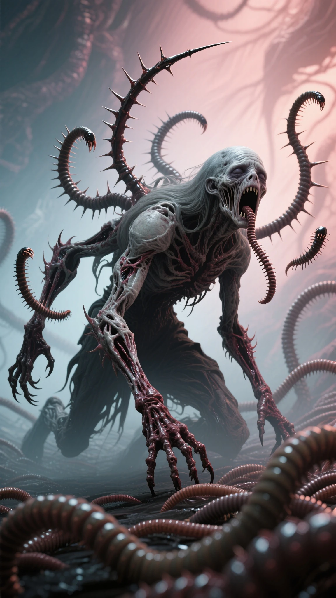 ((best quality)), ((masterpiece)), (detailed), monstrous, Beautiful, Best quality, perfect lighting, NSFW, monster smile with crooked fangs, Very skinny, disproportionately long arms, head of a vulture, scruffy dirty feathers, diseased, worms, A sinister aura, something, chained, deity, cultist clothing, cosmic horror, full body