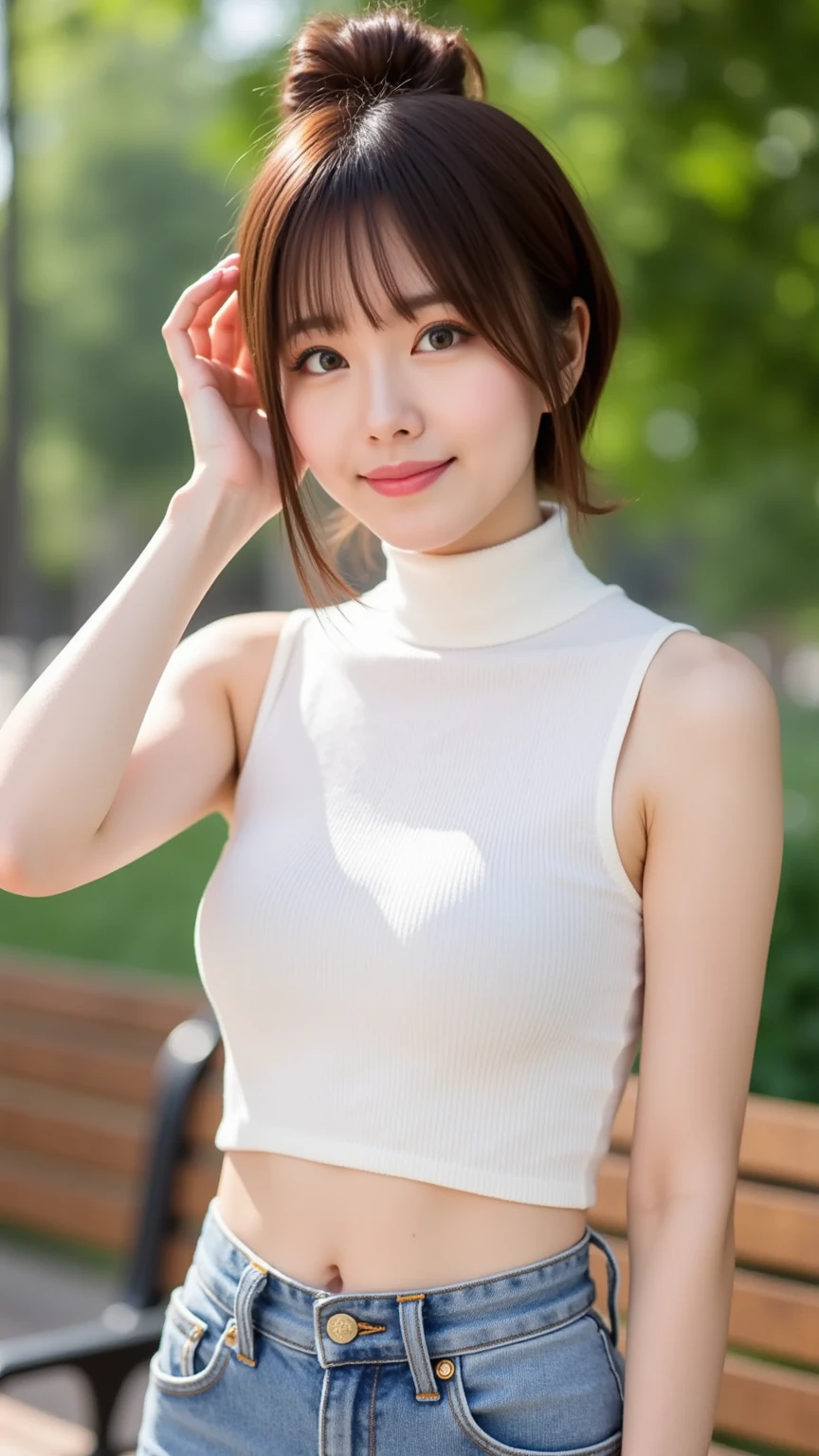 table top、highest quality、figure、 Super detailedな、High resolution、8Kのwallpaper、完璧なダイナミックな構figure,、beautiful and fine eyes、medium hair、(beautiful big breasts:1.3)、natural color lip、bold sexy pose、smile、Harajuku、20 year old girl、cute、sexy shot looking at camera、(highest quality: 1.3), (masterpiece: 1.3), (Super detailed: 1.3), (wallpaper, one girl: 1.1)、(delicate hands and fingers:1.2)、(Detailed super oily shiny skin:1.1)、oily shiny thighs、(Perfect beautiful black sleeveless high neck knit top:1.4)、denim shorts、brown hair、short hair、bouncing hair、beautiful sister、(garden:1.2)、(beautiful big breasts:1.2) 、((sleep on your back)),raise your arms