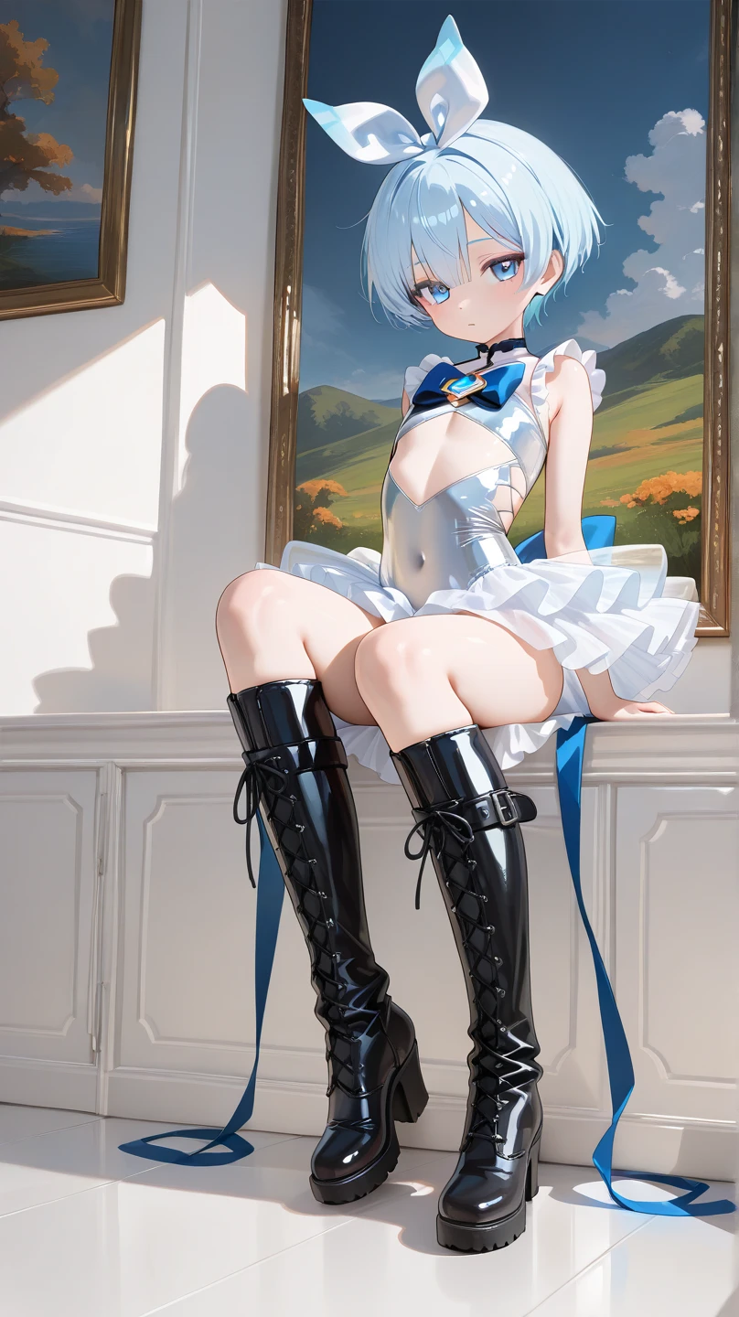 masterpiece, highest quality, High resolution, high resolution, super detailed, All limbs, full finger, sailor mercury　Transformation heroine of justice　enamel white leotard　enamel blue boots　wrinkled boots　enamel white gloves　Enamel blue miniskirt　neat image　gold decoration　Costumes with fancy decorations　justice　ponytail　medium long hair　hair ornaments　shy smile　narrow your eyes　jockey boots　stick out your hips　open your legs　　Sitting on poop　Full body painting　put your hand on your crotch　I can see my armpits　long boots below the knee　barefoot　　thigh legs　Soak a large amount of white slime 　The body is covered with white slime　please open your legs　bend your knees　Peeing　White slime overflowing from the crotch　The leotard is wet and you can see the skin　full of sweat　Drenched darkness　inside the cave　The surrounding area is full of white slime, White slime all over the floor　cloudy liquid　White slime on boots　white slime dripping from above