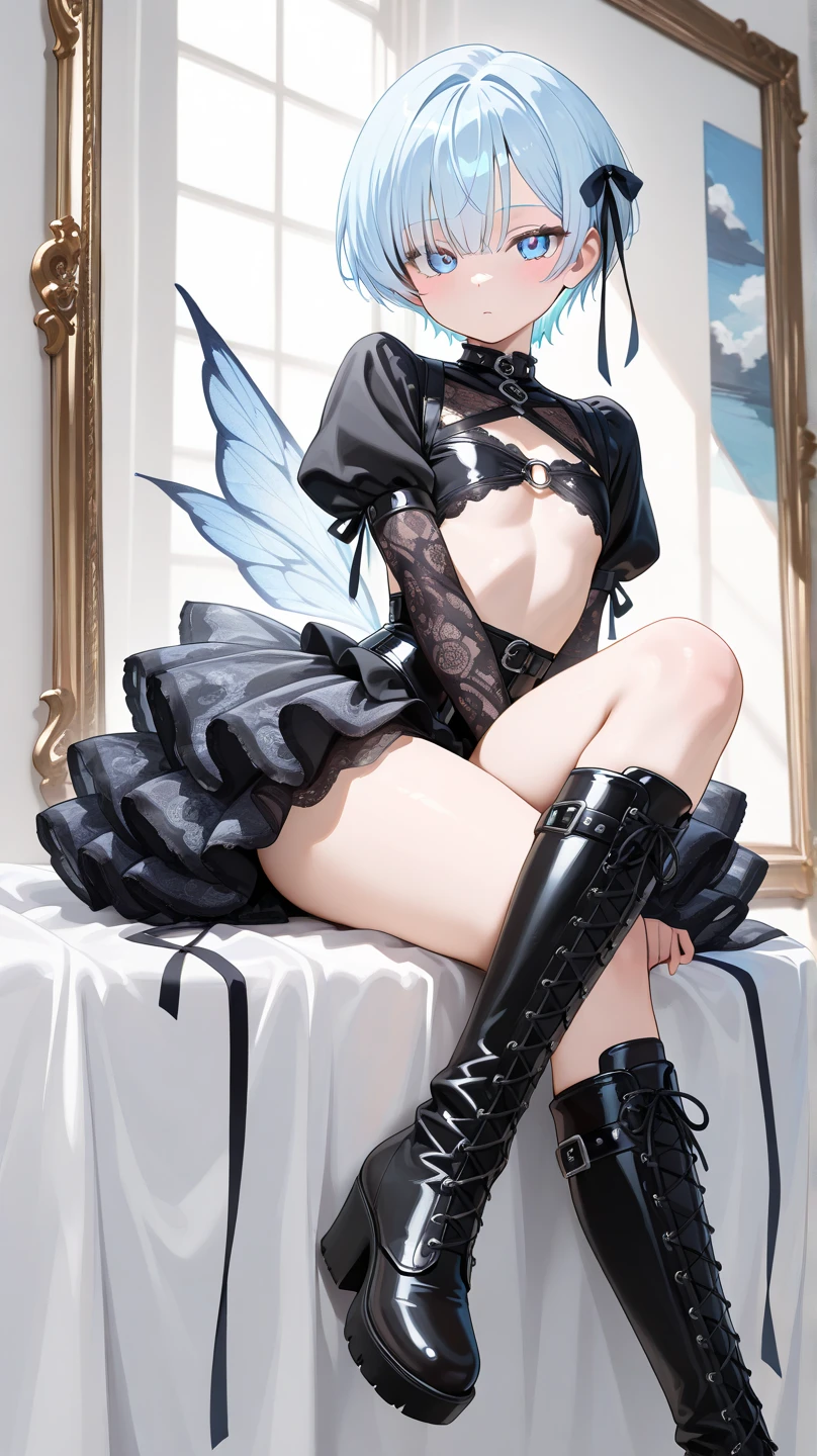 ((best quality)), ((masterpiece)), (detailed), 1girl, Character design, female, dynamic poses, long white grey hair, grey white eyes, very skinny, detailed, best quality, no accesoires around the neck, no shoes, prominent collarbones, skinny arms, flat stomach, visible hip bones, full body, blank white background, plain background, white background, red and white clothing, Bloodborne inspired, occult aesthetic, occult, detailed and intricate steampunk and detailed gothic, NSFW, Very dramatic and cinematic lighting, cosmic horror, grim-dark, side-lighting, perfect face, NSFW, Fluttering lace flared long knee length dress with frilly petticoats, knee length dress, pleated petticoats, petticoats gothic, complex lace boots, side-lighting, gothic aesthetic, wielding a mighty sword with mechanical components, mandalas, small breasts, a fairy, various different types of insect wings, NSFW, full body, whole body, body, plain background, white background, blank background, no background, white background NSFW, chains, full body, whole body, head-to-toe NSFW