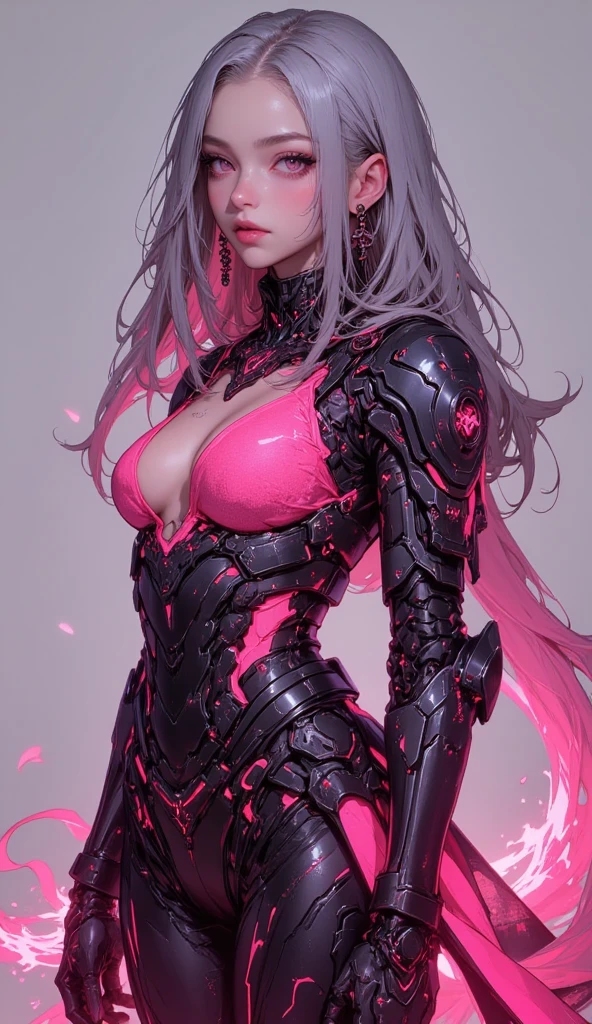 masterpiece, best quality, illustration, beautiful detailed eyes, colorful background, mechanical prosthesis, mecha coverage, emerging dark purple across with white hair, pig tails, disheveled hair, fluorescent purple, cool movement, rose red eyes, beatiful detailed cyberpunk city, multicolored hair, beautiful detailed glow, 1 girl, expressionless, cold expression, insanity, long bangs, long hair, lace, dynamic composition, motion, ultra - detailed, incredibly detailed, a lot of details, amazing fine details and brush strokes, smooth, hd semirealistic anime cg concept art digital painting, cyborg style,