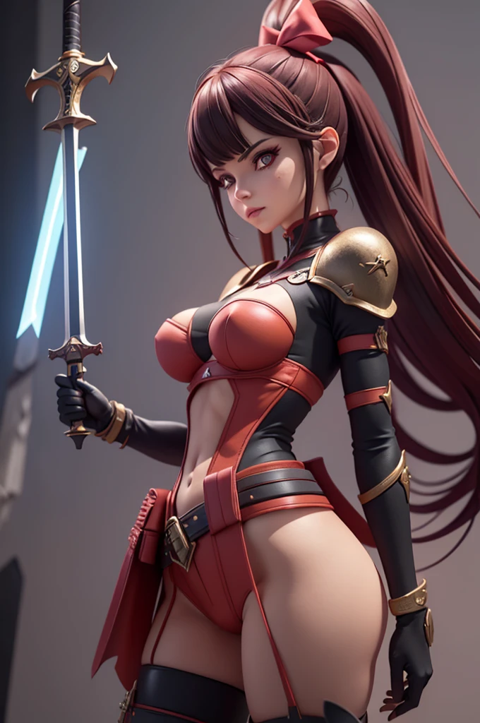 Sexy Female gladiator, red hair, tannned skin, skinny, welding lightsaber, lace mini skirt and bra, fighting twin