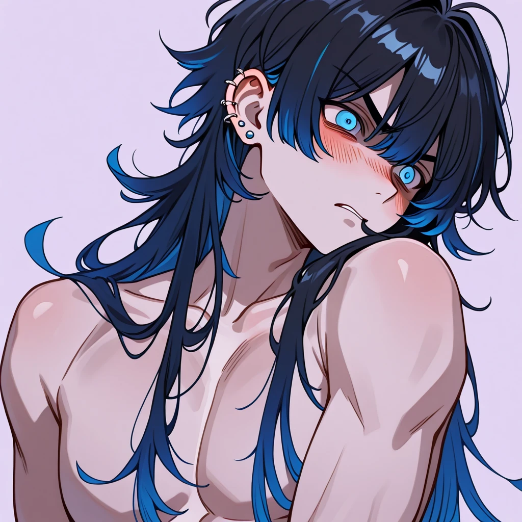 A young man of 25 years, long hair, messy hair, black eyes, pointed chin, naked, Semen, showing his cock, sexy, sentado en un trono, sacando la lengua