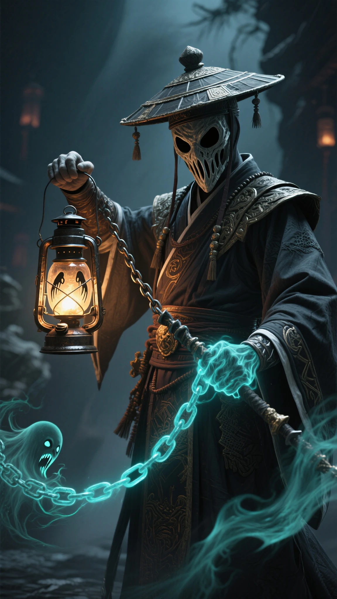 A young male teenager with half japanese ghost mask holds blue fire, wears japanese black light armor, in the dark forest, cinematic lighting, depth of field, glowing light, ray tracing, reflection light, close-up, masterpiece, masterpiece, high quality, best quality, high details, ccurate, anatomically correct, textured skin, UHD, highres, 1080P