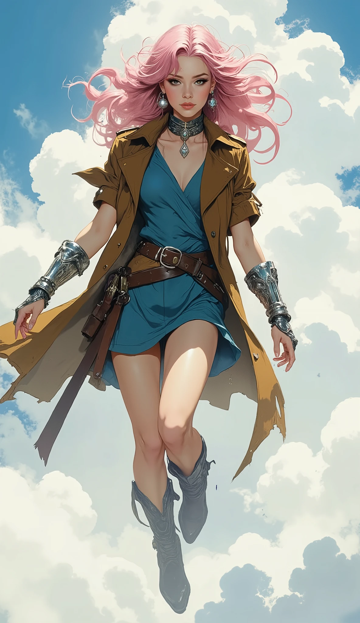 A stunning young woman, her face a delicate oval, framed by cascading long, curly pink hair. Slender eyebrows arch over crystal-clear eyes that hold a captivatingly dazed yet innocent gaze; fair skin. She wears a knee-length, tight-fitting, short-sleeved brown leather trench coat over a blue, form-fitting mini dress. Intricate metal bracers, blending sci-fi and ancient civilization motifs, adorn her hands. Fair, long legs in stylish leather boots. She leaps and soars with elegant power through an ethereal expanse of swirling clouds and mist. A fantasy-western ranger character.
Art Style: A breathtaking fusion of heroic fantasy illustration and classic Western romanticism, rendered with the polish of high-end concept art. Dramatic chiaroscuro lighting, rich textures, exceptionally detailed character design, perfect human anatomy, ensuring five fingers on each hand. Cinematic, award-winning, imaginative realism, volumetric mist.