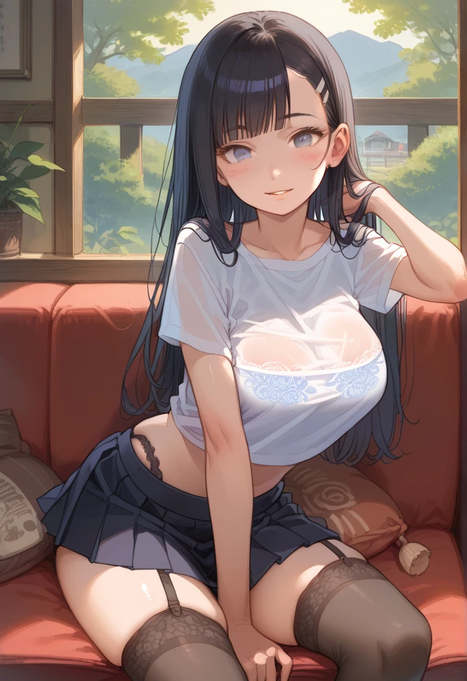 masterpiece、Highest quality、Ultra-high resolution、age girl with big breasts、twin tail hairstyle、black hair、Red face、shyly、open your mouth just a little、white polo shirt、denim shorts、inside the club room
