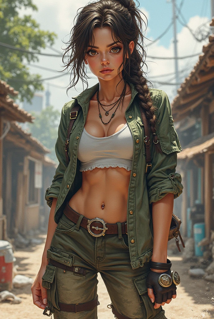 occsan professional photography, 1 girl, long light brown hair, curly receding hair, big breasts, slim waist, ((muscular legs):1.3), well-defined legs, (athletic body), (real-looking skin), (( dark skin):1.3), (real-looking iris eyes), ((shabby shorts, torn shirt, camouflage jacket, boots)), very sweaty, in the jungle climbing a tree. (extremely detailed skin texture), camera view from above, ((Grainy Video Film)), Natural cinematic lighting, ((Professional High Definition Photo)) Realistic, Best Quality, Photorealistic 8k, Best Quality, Masterpiece , Realistic, Photorealistic