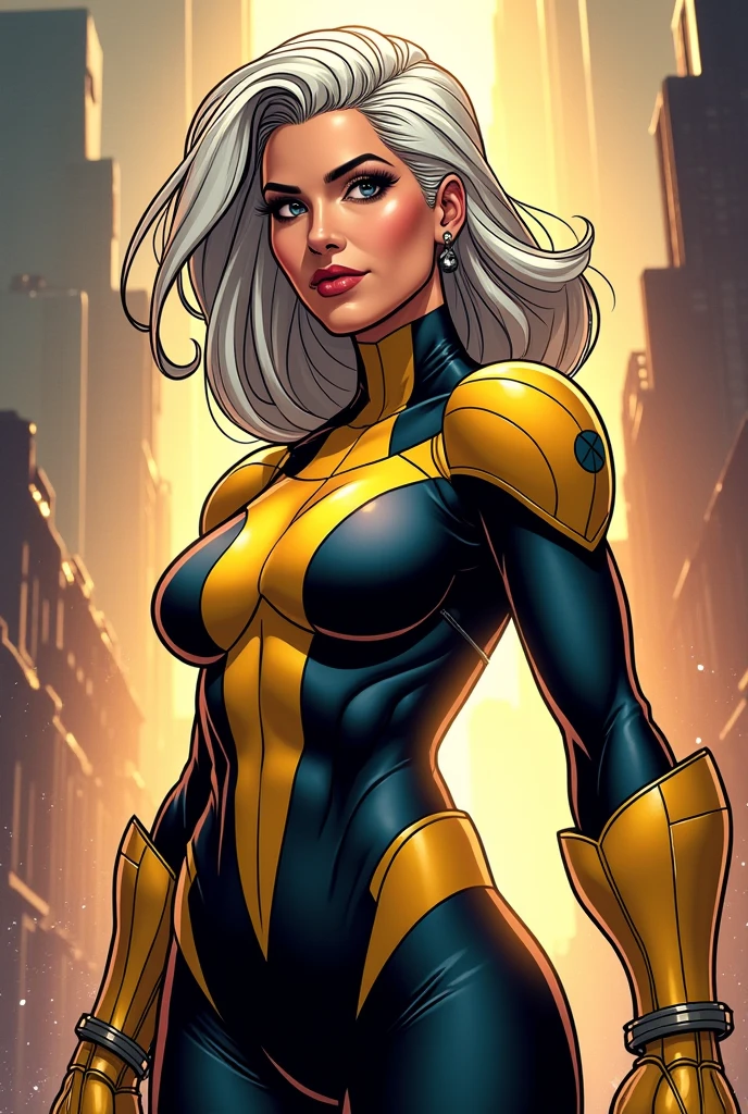 A woman, white hair, hair with bangs, 90's x-men uniform, outside, Marvel art style, comic, blue eyes, some freckles, dark yellow spandex