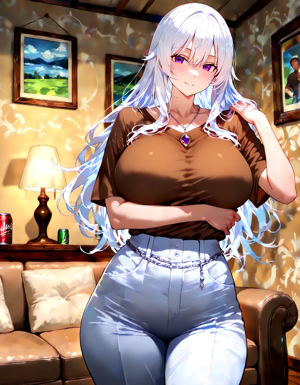 (long hair), (wavy curly hair), ((((white hair)))), (perfect eyes), (sparkling eyes), (huge chest), (((gigantic breasts))), (wide hips), (thick hips), (thick thighs), ((blue eyes)), casual clothes, (((white shirt))), shorts jeans, big lips, eyeliners, ((full makeup)), smirk
