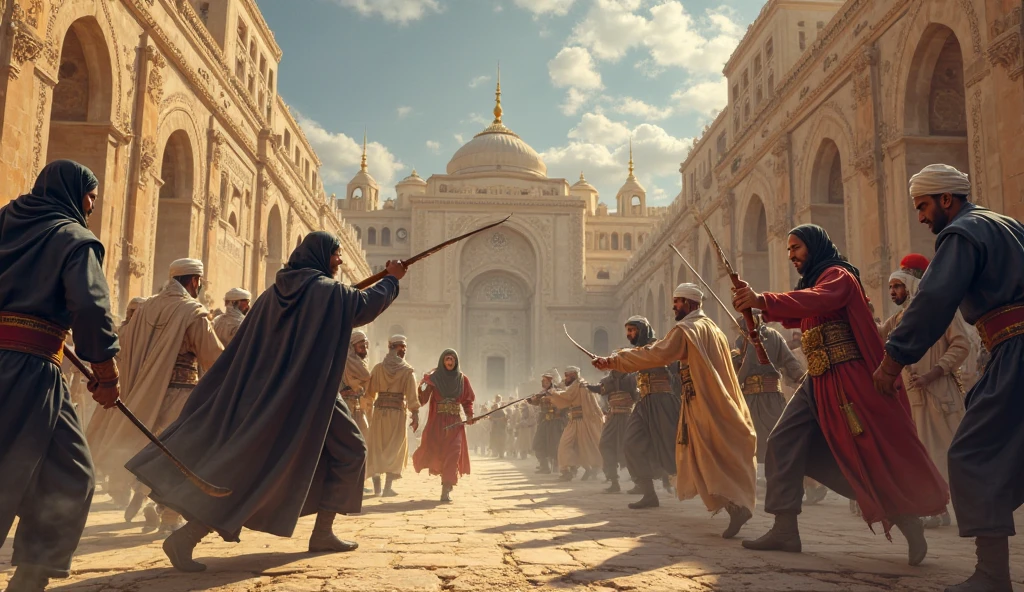 muslims warriors in al aqsa masjid, masterpiece, the best quality, islam, cinematic, battleground, crowd, fight