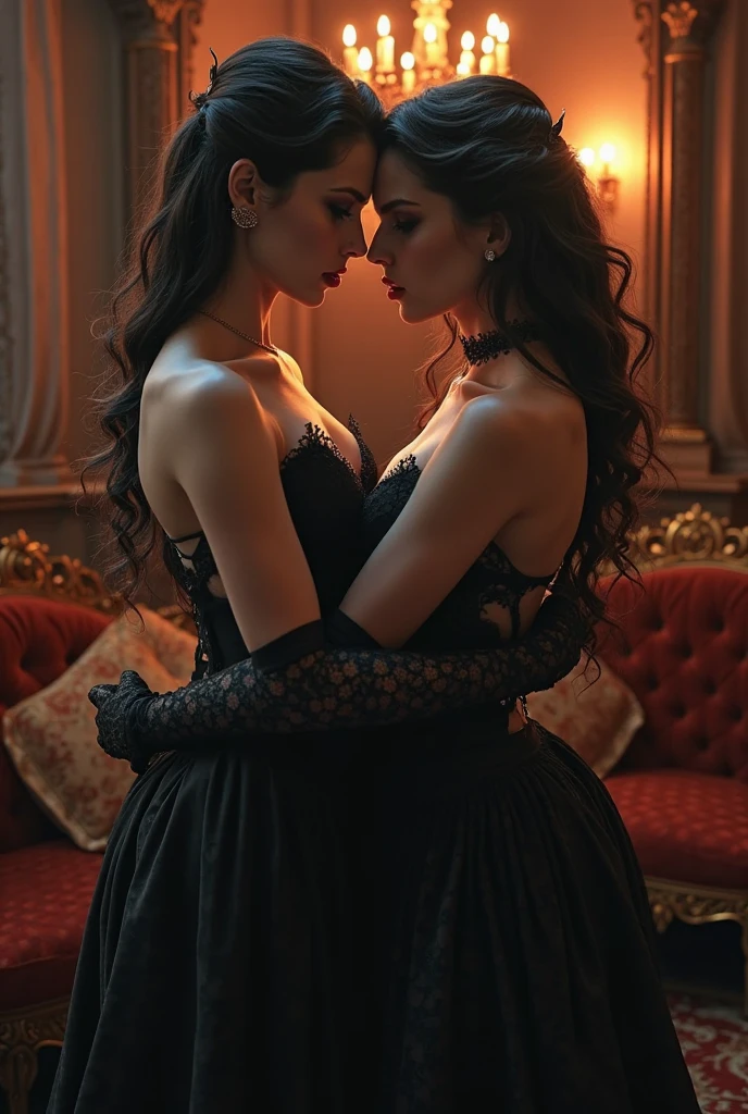 Beautiful bride in white dress seduced by alluring lesbian vampire woman, evil, gothic black lace dress, flattering, cleavage, Long Hair, kiss, glowing red eyes
