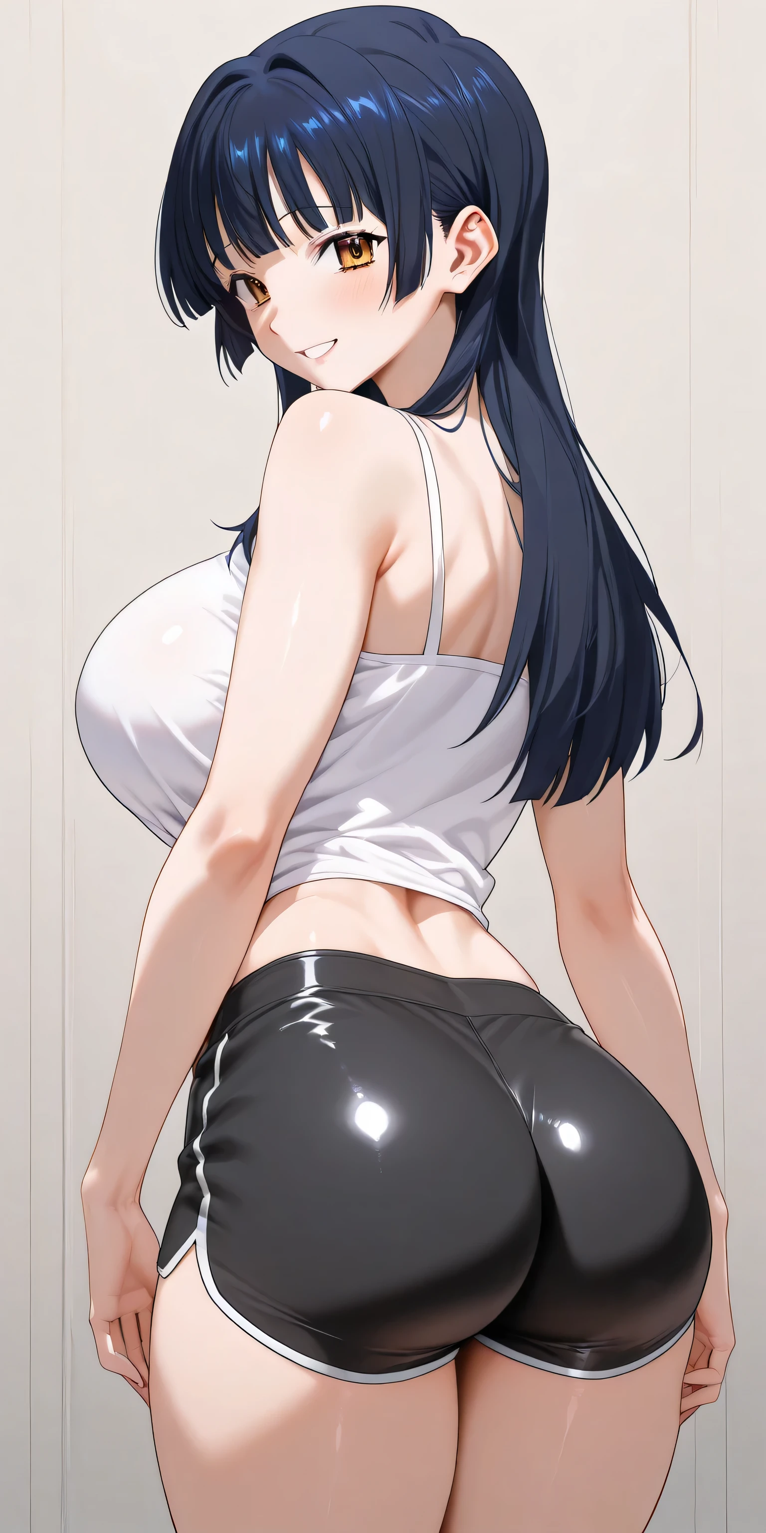 ((melhor qualidade)), ((obra de arte)), (detalhado), uma mulher adulta, olhando pro espectador, rosto perfeito, quadris largos e macios, focus on glutes, big, soft glutes, seios macios, seios lindos e marcados, back view, blusa banca, hidden hands, magra, shy, corada, em plano de fundo VAZIO, seios grandes, linda, duplo v, black pants, vergonha, perky glutes, cabelo curto, cabelo vermelho, olhar com vergonha, corada, sexy, sexy, garota de anime com bunda grande em shorts de couro preto e blusa preta, fofosexyrobutts, Oppai, curvando-se, Coxas grossas, Oppai, estilo de anime ecchi, detalhes finos. linha de frente das meninas, ecchi, Oppai proportions, (SFW)