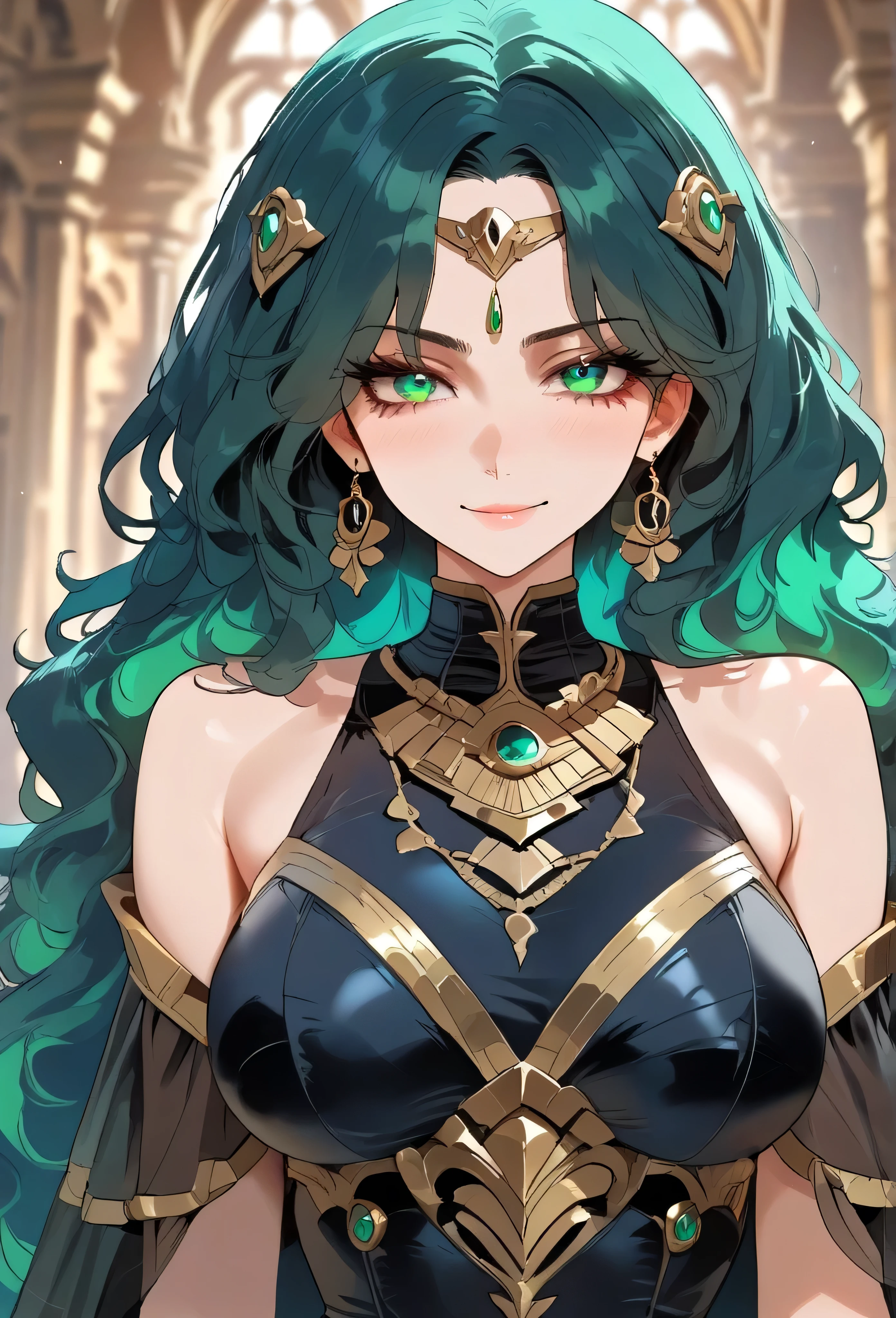 score_9, score_8_up, (masterpiece, top quality, best quality, official art, beautiful and aesthetic:1.2), (8k, best quality, masterpiece:1.2), (((masterpiece))), (((best quality))), (((extremely detailed))), illustration, (masterpiece, top quality, best quality, official art, beautiful and aesthetic:1.2), (8k, best quality, masterpiece:1.2), see-through, source_anime, 1girl, adult, ((green hair)), green hair, ((intimidant look)), ((close-up)), green eyes, black clothes, sexy, dark colors, brillant eyes, ((wavy hair)), perfect hands, ((intimidant look)), good anatomy, ((dark babylon clothes)), emotionless, intimidant, ((beautiful eyes)), close up, ((detailed eyes)), beautiful eyes, ((detailed face)), frontal look, arrogant smile, detailed face, diadema, full body